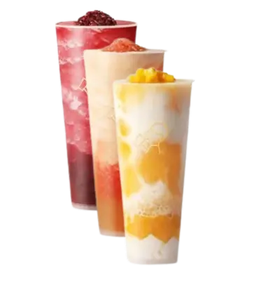 Three colorful HeyTea fruit tea drinks with real fruit ingredients