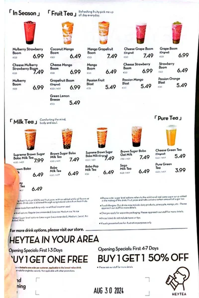 Home Heytea store Canada menu card