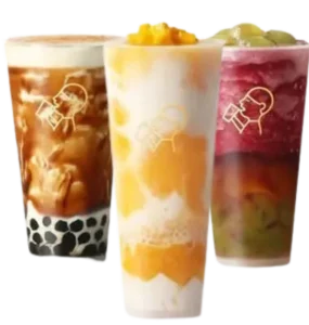 Three HeyTea drinks from staff picks including Coconut Mango Boom, Brown Sugar Bobo Milk Tea, and Crisp Grape Boom