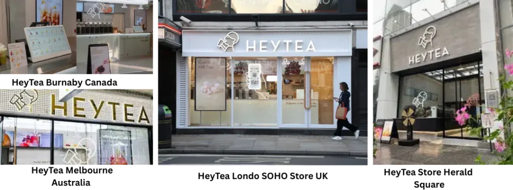 Multiple Heytea store locations and inside counter with menu display